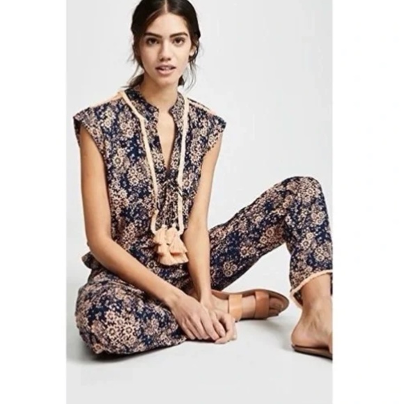 Poupette St. Barth Donna Fringe Trimmed Long Jumpsuit In Navy Dream Size L NWT - Picture 2 of 11